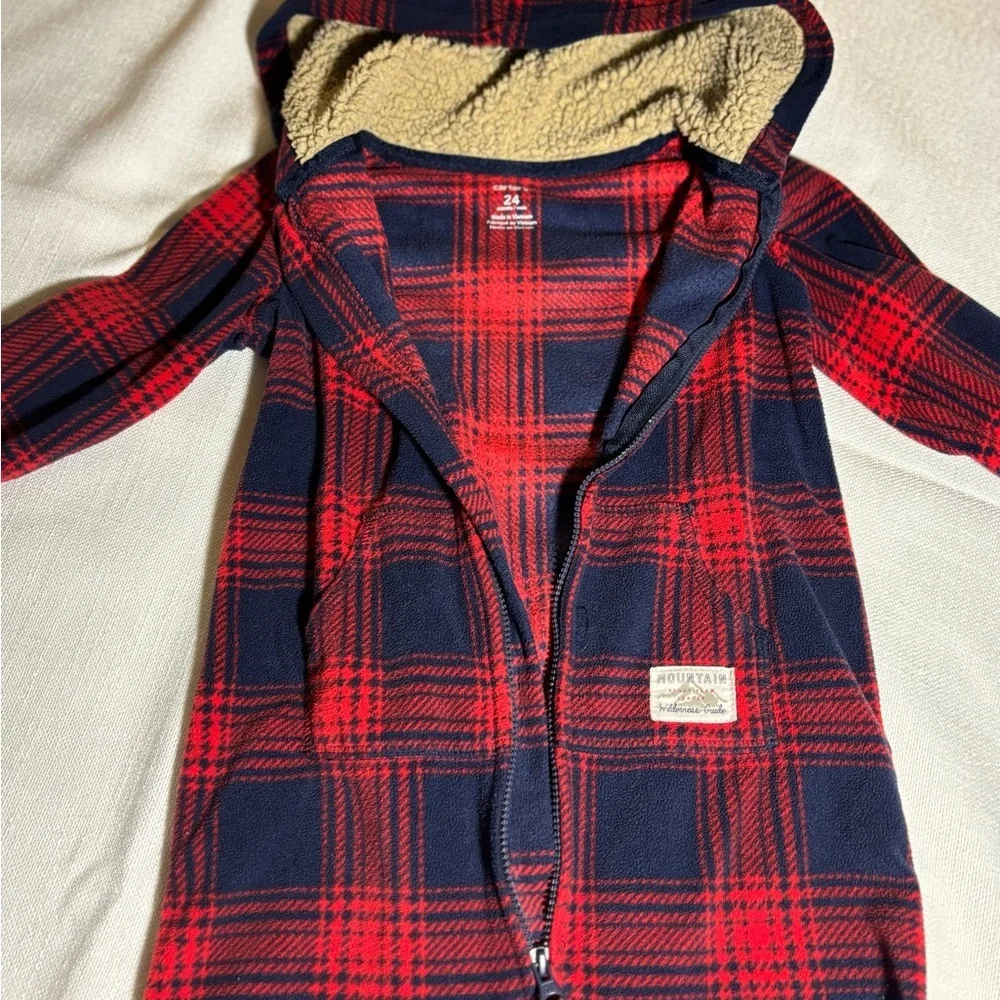 Carter's Red and Navy Plaid Hooded Footie with ears